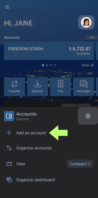 mobile app screen with green arrow pointing to add an account