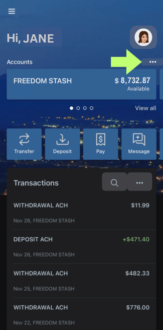 mobile app screen with green arrow pointing to 3 dots under profile picture