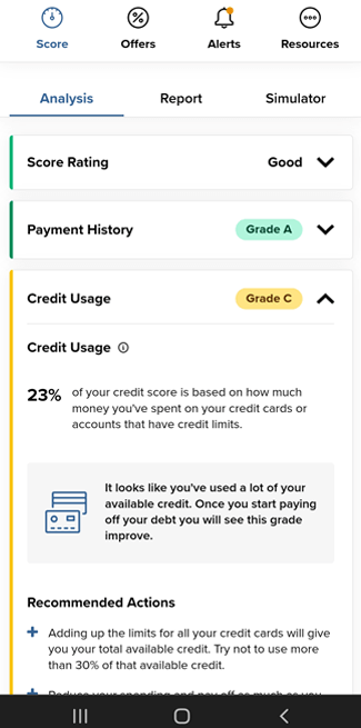 Screenshot of SavvyMoney credit score analysis