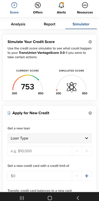 Screenshot of SavvyMoney score simulator