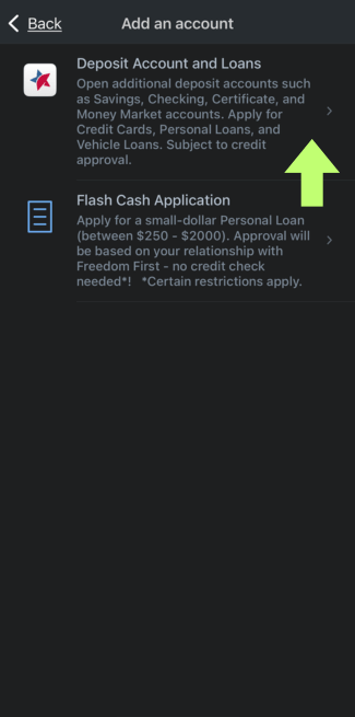 mobile app screen with green arrow pointing to deposit account and loans