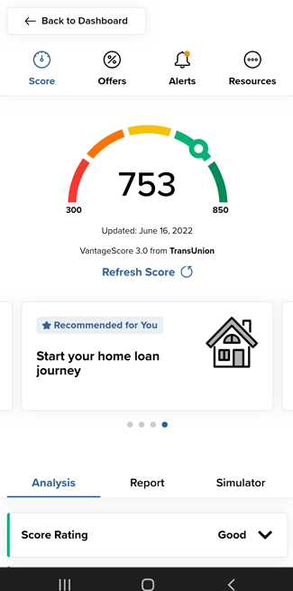Screenshot of SavvyMoney credit score overview