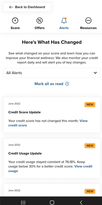 Screenshot of SavvyMoney credit alerts