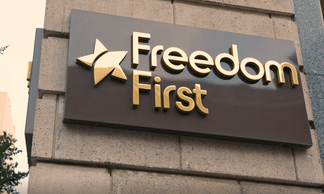 Freedom First name plaque on the Downtown branch