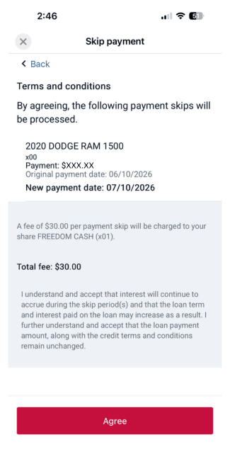 Screenshot of confirmation page of skip-a-pay online application