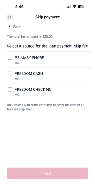 Screenshot of deposit account page on skip-a-pay online application